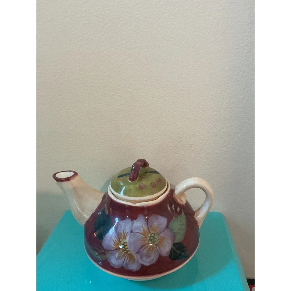 VTG Barnes & Noble Cafe Floral Ceramic Teapot Burgundy Purple Flower Cottagecore